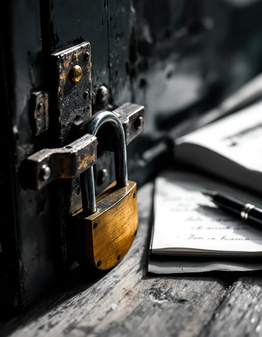Open padlock and an iron hasp beside a handwritten scope sheet on a wooden desk